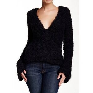 Free People Marshmallow Surplice Fuzzy Sweater M Black Wrap Cross Boho‎ Grunge